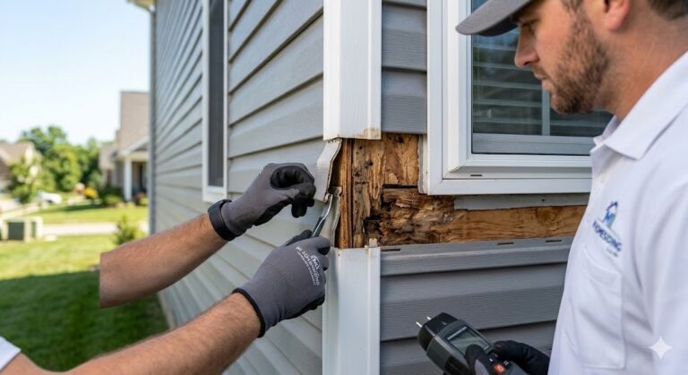 Close-up technical photo of a MI Homesiding LLC exterior technician revealing soft wood rot beneath siding trim around a window on a Knoxville home during a detailed moisture inspection.
