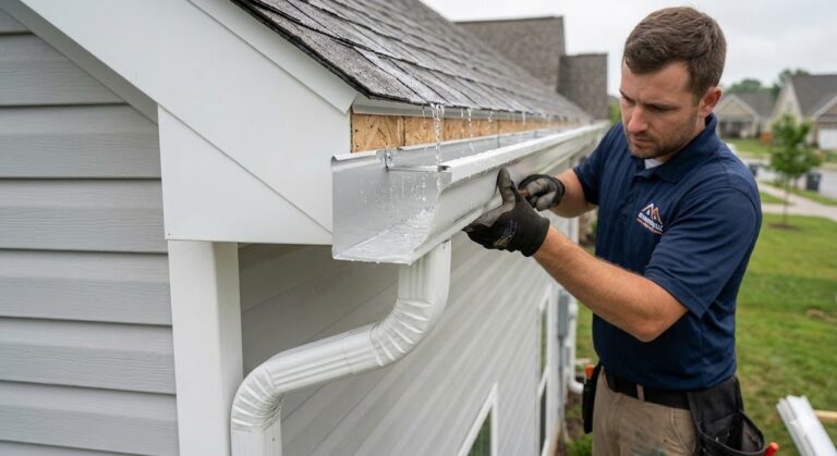 Close-up technical photo during installation on a cloudy day, showing a continuous white seamless aluminum gutter run professionally fitted by MI Homesiding LLC, effectively channeling heavy rainfall away from a Knoxville home.