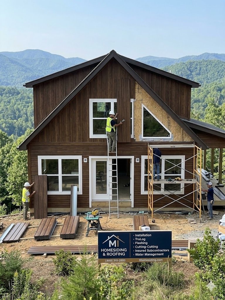 A variety of TruLog siding color samples including Dark Walnut, Autumn Brown, and Cedar.