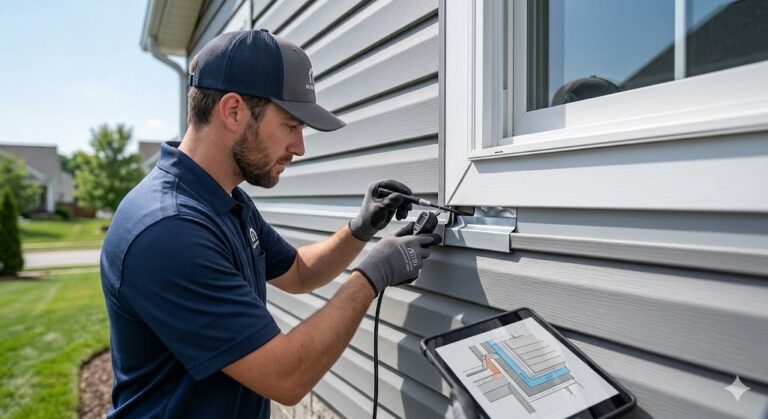 Close-up technical photo of a MI Homesiding LLC professional using a borescope to inspect hidden flashing integration and structural integrity behind siding around a window on a Knoxville TN home.