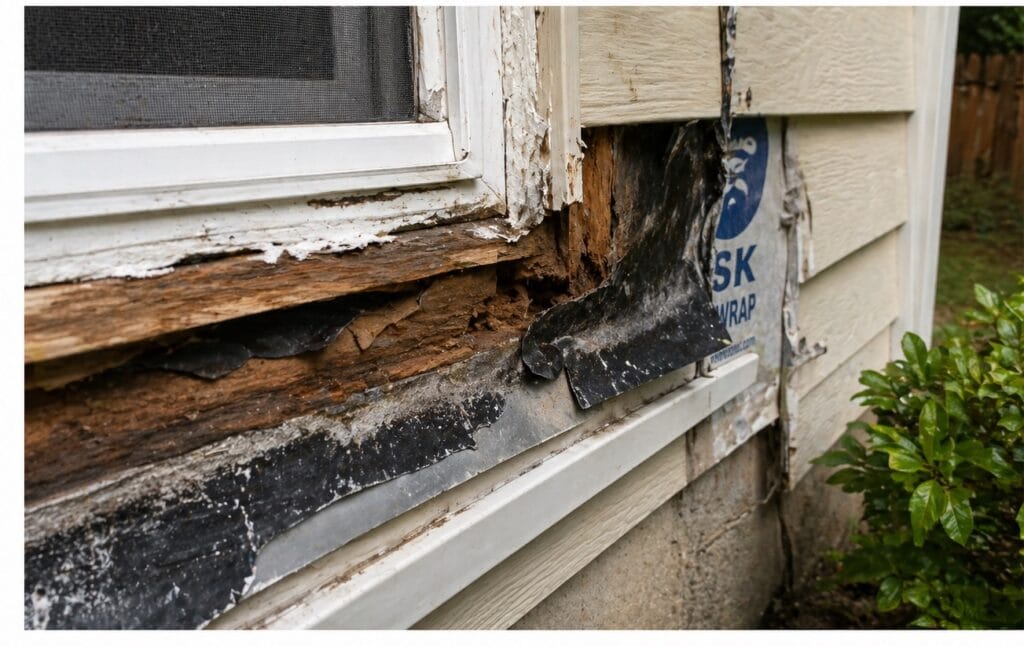 Window frame with wood rot and failed flashing exposed during repair in Knoxville, TN