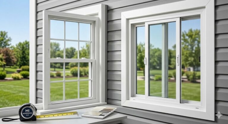 Exterior photograph showing a newly installed white vinyl double-hung window and a white vinyl sliding window side-by-side on a Knoxville TN home by MI Homesiding LLC, highlighting product variety and precise installation.