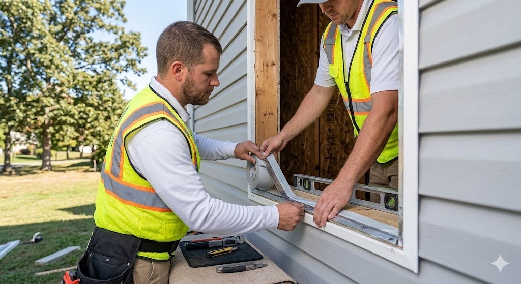 Close-up photo of a certified MI Homesiding LLC installer sequentially applying flashing tape to prepare a window rough opening on a Knoxville TN residential house, ensuring proper waterproofing.