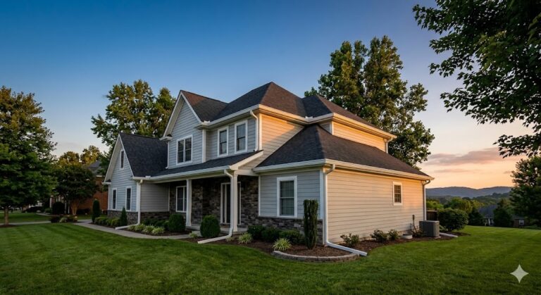 A stunning wide-angle front view of a renovated suburban Knoxville home, showcasing new seamless white K-style gutters and clean fascia, captured by MI Homesiding LLC during the warm golden hour sunset.
