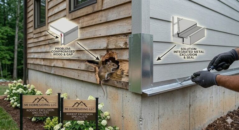 yper-realistic photograph showing a rodent exclusion in Knoxville, TN, featuring a custom metal Z-flashing and sealed LP SmartSide siding barrier stopping a mouse from entering a rotted cedar corner joint. MI Homesiding LLC expertise.