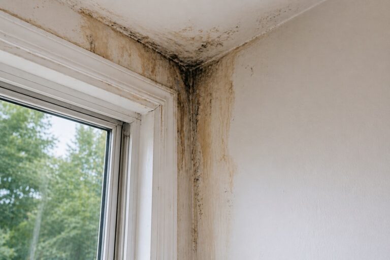 interior window corner with water stains and mold damage from a leaking window