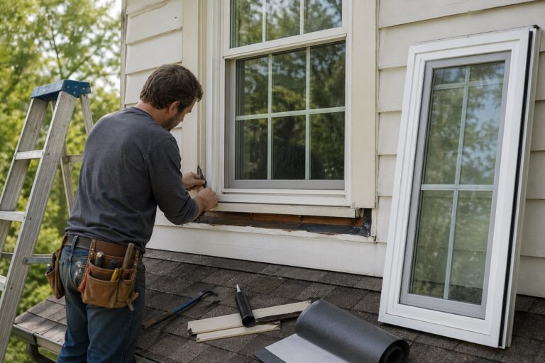 Professional contractor inspecting window trim, flashing, and sealant to determine whether a leaking window needs repair or full replacement.
