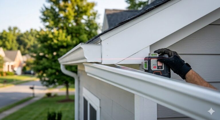 A detail shot showing an MI Homesiding LLC installer using a professional laser level during gutter installation in Knoxville to ensure the correct angle (pitch) for efficient water drainage toward the downspouts.