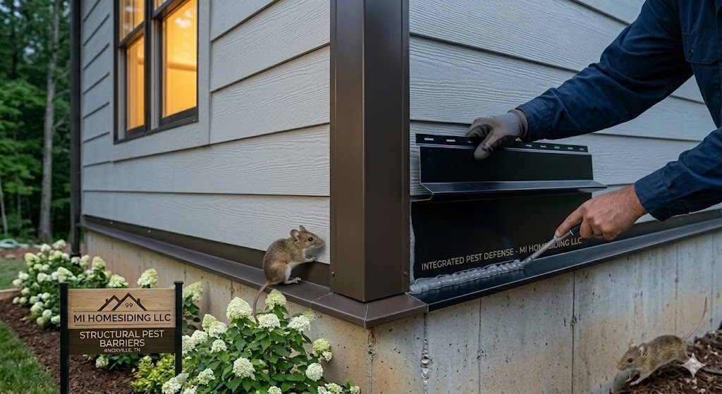 Hyper-realistic photograph of a rodent exclusion in Knoxville, TN, featuring a custom metal Z-flashing and sealed LP SmartSide siding barrier stopping a mouse from entering a rotted cedar corner joint. MI Homesiding LLC expertise.