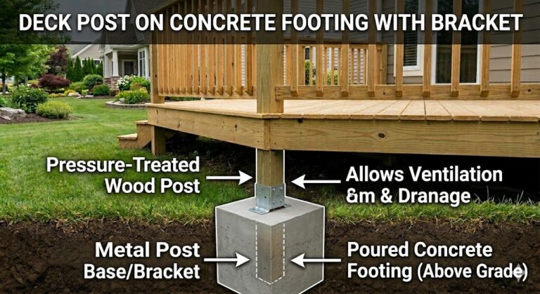 Detailed cross-section of a deck ledger board installation showing self-adhesive flashing membrane, metal Z-flashing, and structural fasteners. The diagram illustrates how MI Homesiding LLC prevents water intrusion and protects the home's structural integrity