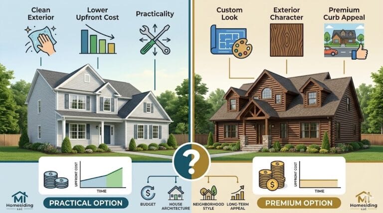 A Decision Guide infographic for Knoxville, TN homeowners, visually comparing traditional vinyl siding (left) for its clean practical priority with lower upfront cost, against distinctive TruLog steel log siding (right) for its premium character and custom look priority. Icons illustrate factors like budget, architecture, neighborhood, and long-term appeal.