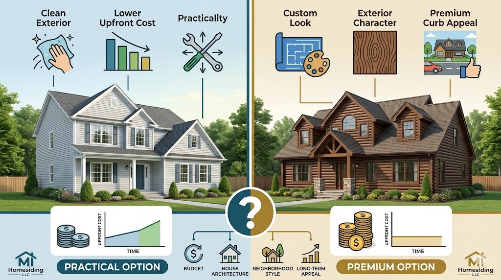 A Decision Guide infographic for Knoxville, TN homeowners, visually comparing traditional vinyl siding (left) for its clean practical priority with lower upfront cost, against distinctive TruLog steel log siding (right) for its premium character and custom look priority. Icons illustrate factors like budget, architecture, neighborhood, and long-term appeal.