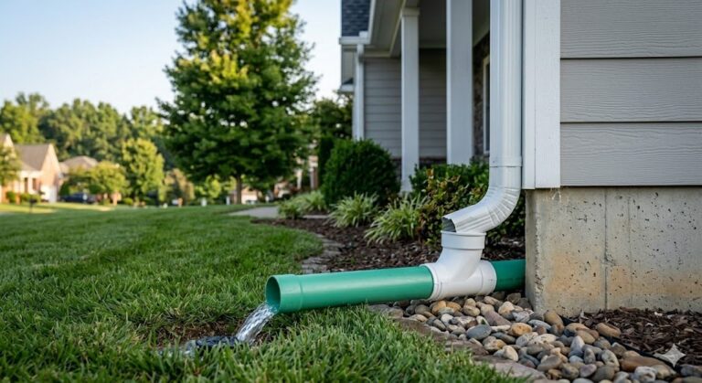 A technical close-up of a new white downspout installed by MI Homesiding LLC, connecting cleanly to an underground drainage system to move roof water far away from the foundation in a Knoxville yard.