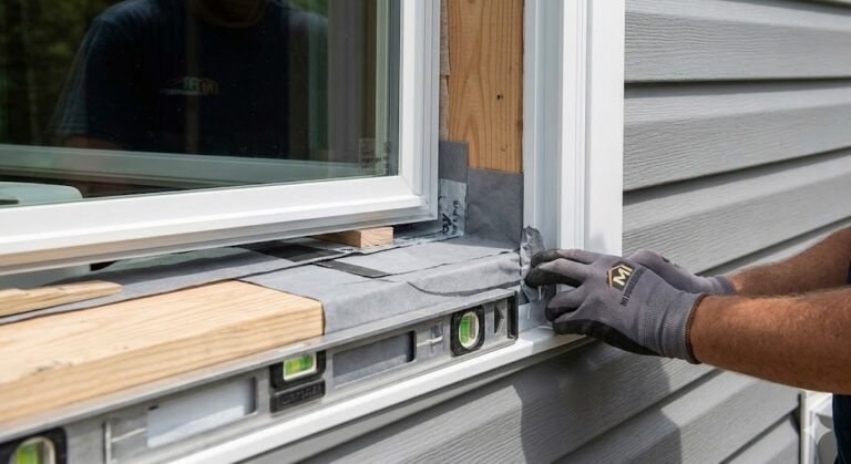 Close-up technical photo during a residential window installation by MI Homesiding LLC in Knoxville TN, highlighting proper integration, sealing, and insulation for energy efficiency.