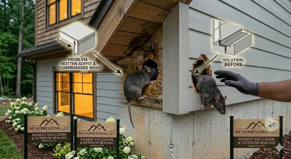 Close-up of a rodent entry point at the siding foundation line being repaired with professional metal flashing and sealant by MI Homesiding LLC in Knoxville.