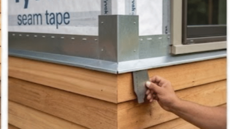 Primer plano técnico de la instalación de un sistema de siding de madera por MI Homesiding & Roofing. Muestra barrera de humedad Tyvek con cinta, counter-flashing de metal sobre una ventana y tablas de cedro con espaciado preciso para el clima de Knoxville.