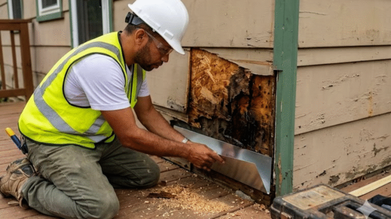 A technical siding repair where new metal flashing is slipped behind existing panels to fix a leak.