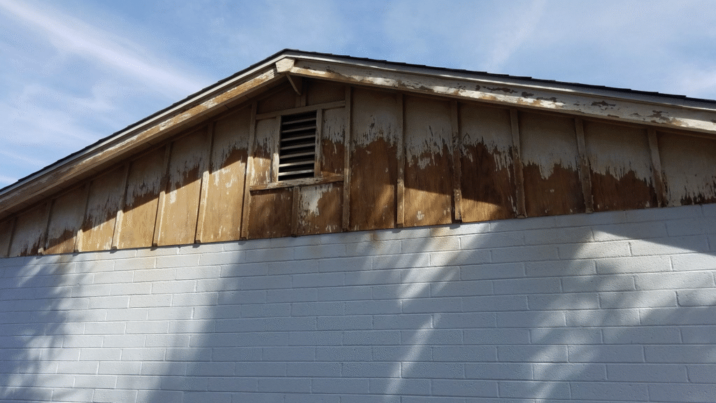 Close-up of rotted wood sheathing caused by long-term water intrusion behind exterior siding.