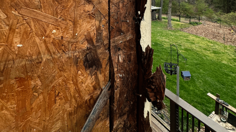 Structural wood rot discovered behind improperly installed siding without a moisture barrier.