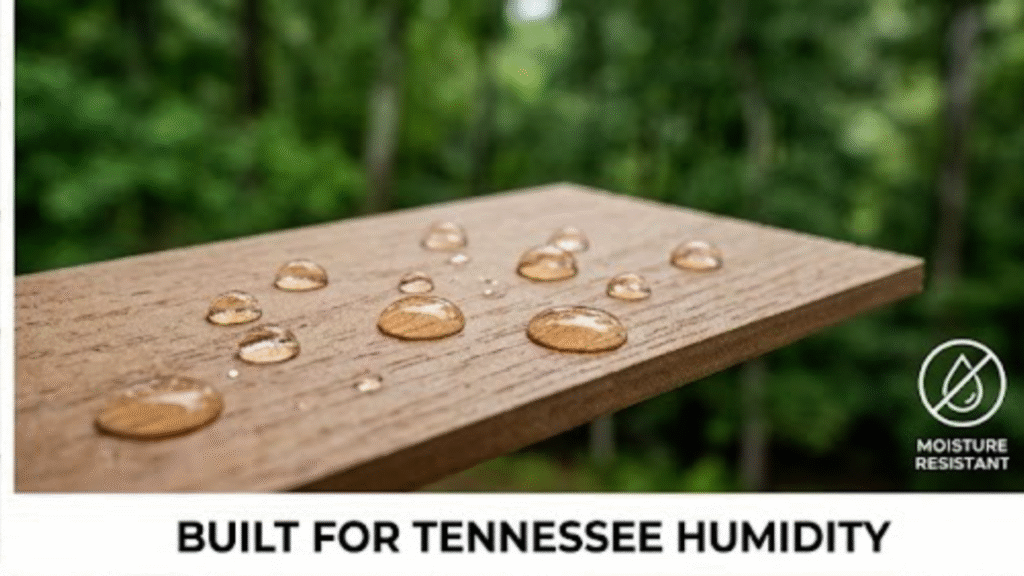 Close-up of water beading on the cedar texture surface of moisture-resistant LP SmartSide siding in humid Knoxville, TN.