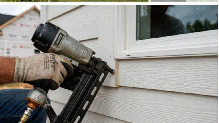 A technical close-up showing a professional installer using a nail gun to fasten LP SmartSide siding with proper gap and flashing in Knoxville, TN.