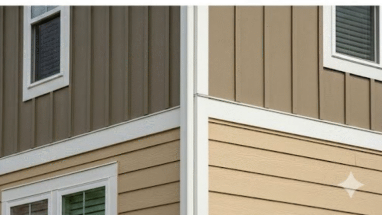Detailed view of the clean transition between LP SmartSide lap siding and Board and Batten on a gable with fascia trim in Knoxville, TN.