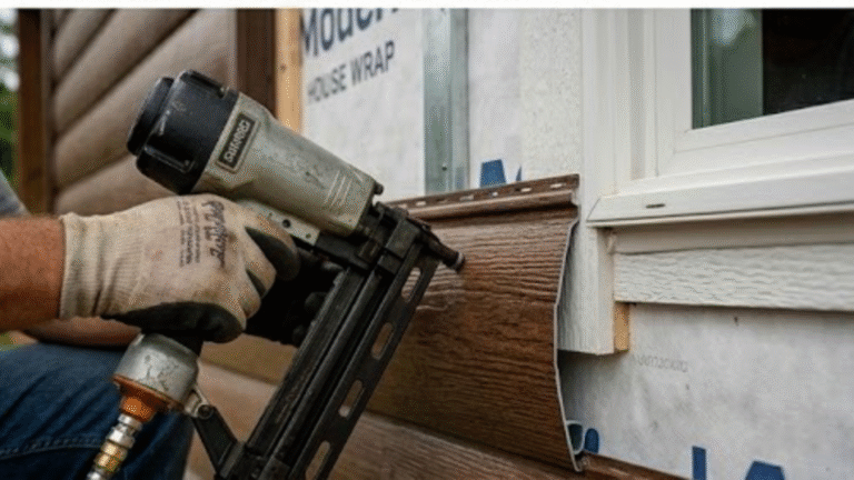 Technical close-up of a professional siding contractor installing TruLog metal panels with precise flashing and moisture barrier in Knoxville.