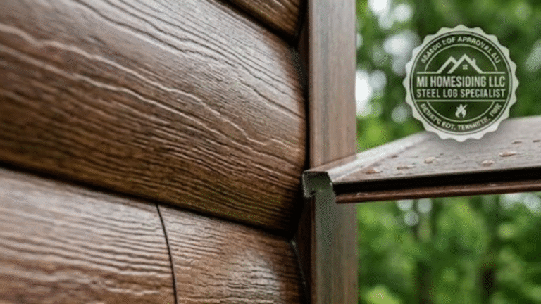 Close-up of rainwater beading on the cedar-textured steel surface of TruLog siding, showing its zero-maintenance and rot-proof features.