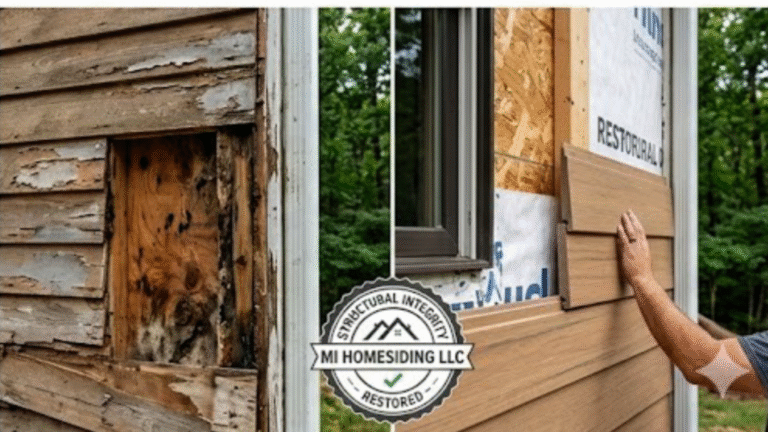 Before and after comparison of wood rot repair: discovering hidden damage under old siding and replacing it with new ACRE shiplap system.
