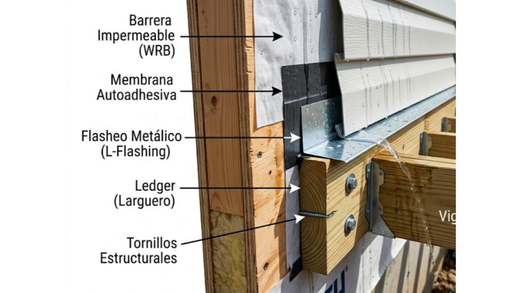 Z-flashing installed behind siding to protect deck ledger board from water damage in Knoxville TN