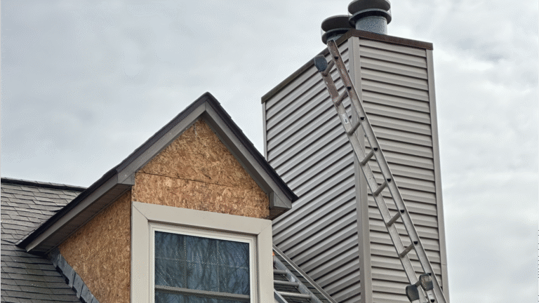 Algae and mold growth on chimney siding caused by poor drainage and high humidity.