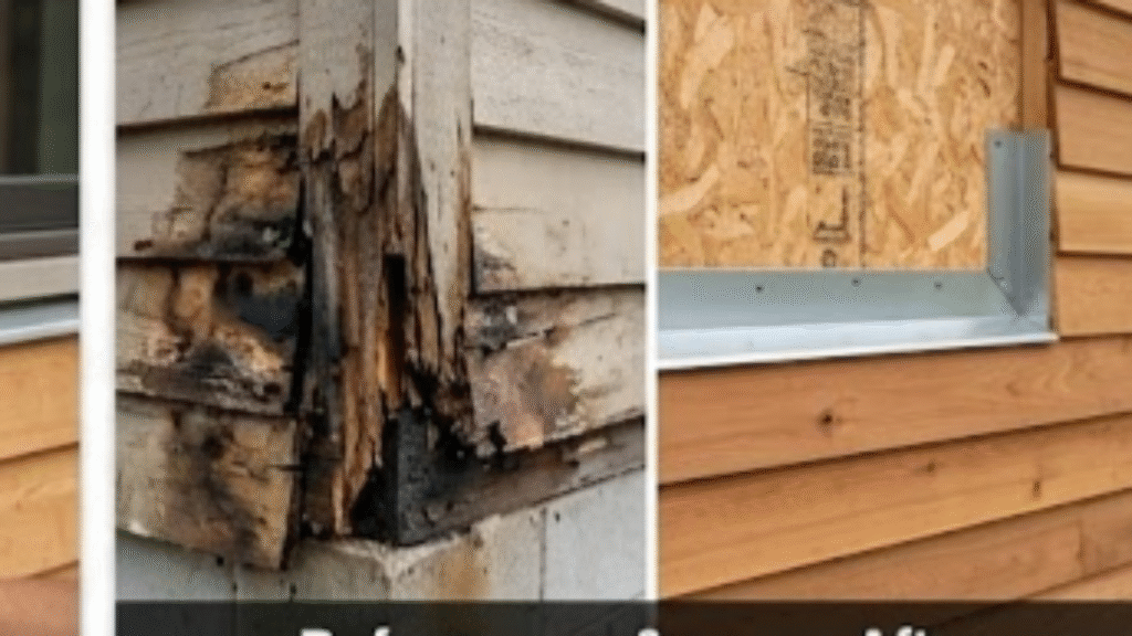 Una cuadrícula que muestra tres muestras de estilos de siding de madera instalados por MI Homesiding & Roofing: Lap siding de cedro rojo (izquierda), Board and Batten (centro) y Cedar Shakes (derecha).