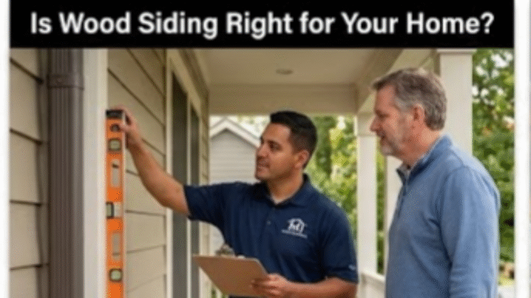 Collage de antes y después que muestra la reparación de siding de madera podrida por humedad en la base de una chimenea. El después incluye OSB nuevo, kick-out flashing de metal y siding de cedro nuevo perfectamente sellado por MI Homesiding & Roofing.