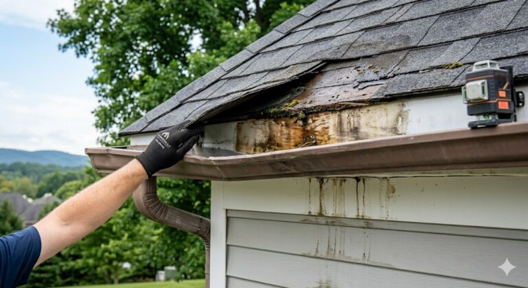 A detailed technical close-up photograph showing severe fascia rot and water stains behind a weathered brown gutter that has pulled away, exposing the source of a chronic leak inspected by MI Homesiding LLC in Knoxville.