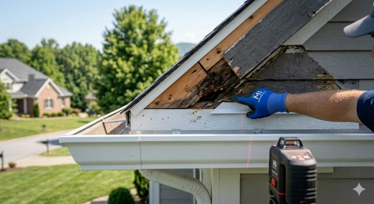 A candid, technical photograph of an MI Homesiding LLC professional discovering hidden water rot behind old siding and fascia on a Knoxville home, emphasizing structural integrity inspection before installing the final rain gutter system.