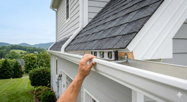 A detailed technical close-up photograph of an MI Homesiding LLC technician securely fastening an internal gutter hanger, ensuring precise pitch and structural security to prevent sagging and overflow on a Knoxville home.