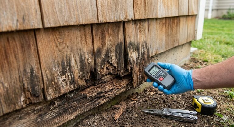 Identificación técnica de podredumbre (wood rot) en siding de cedro en Knoxville. MI Homesiding & Roofing utiliza herramientas de medición para encontrar humedad oculta.