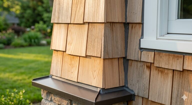 Falta de flashing descubierta detrás del siding de cedro. MI Homesiding & Roofing muestra por qué las reparaciones básicas fallan si no se corrige la raíz del problema.