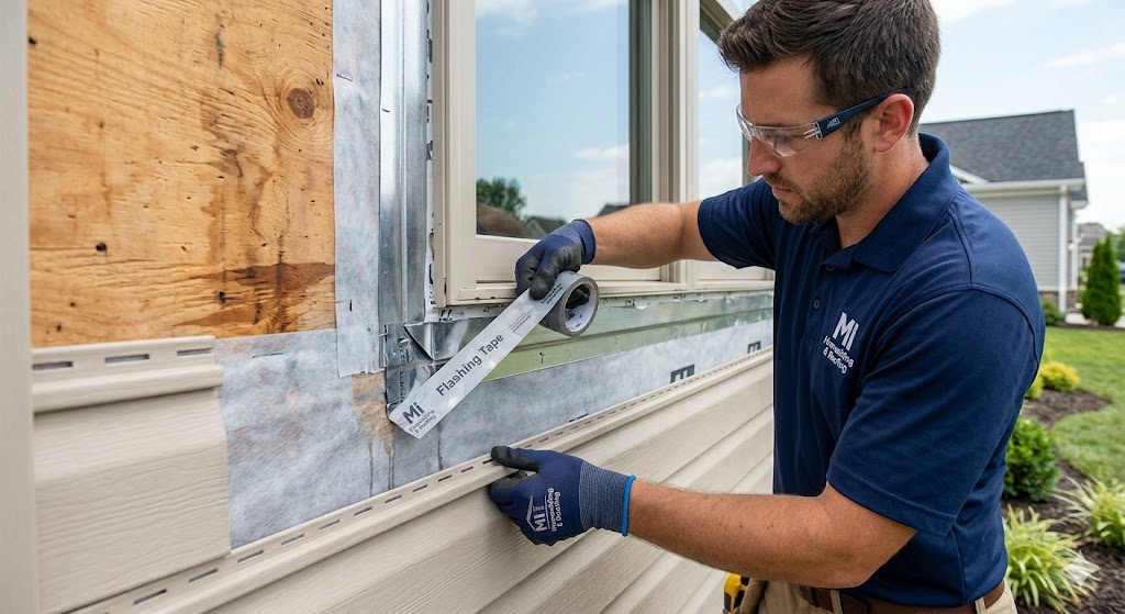 Primer plano de esquinas de cedro cortadas a inglete (mitred corners) con precisión milimétrica. La calidad de MI Homesiding & Roofing se nota en los detalles de carpintería exterior.