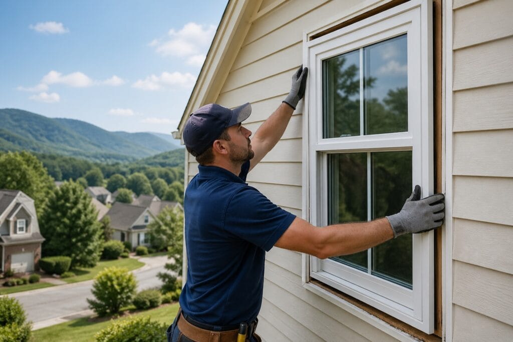 Installer holding a new double-hung window in place against pale lap siding, with a wooded hillside behind the house