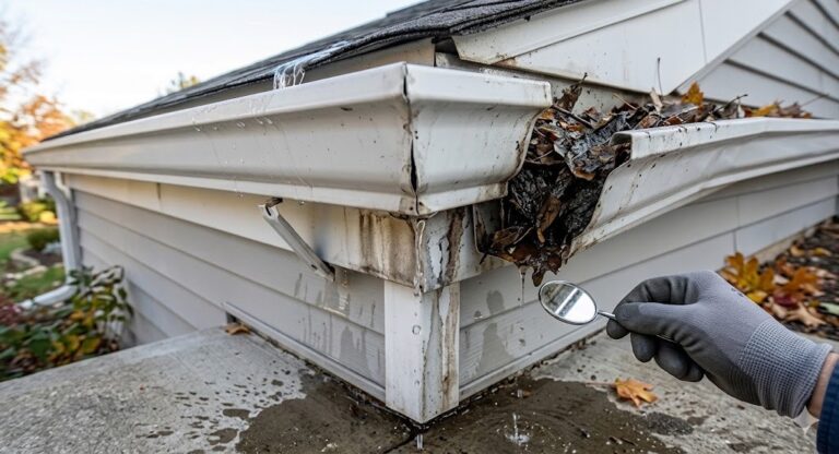 This visual shows a technician identifying a water leak at a gutter corner joint caused by debris buildup and a failing seal. The inspection highlights how clogged sections lead to overflow and staining on the fascia, signaling the need for immediate maintenance.