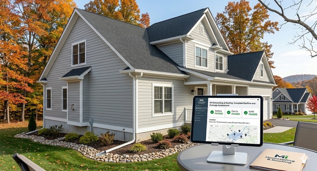 A detailed visual summary showing a pristine residential home in the Knoxville, TN area with its gutter and drainage systems fully inspected. The image features a tablet displaying a finalized "Passed" report, including a service area map, signifying a complete inspection from MI Homesiding & Roofing.