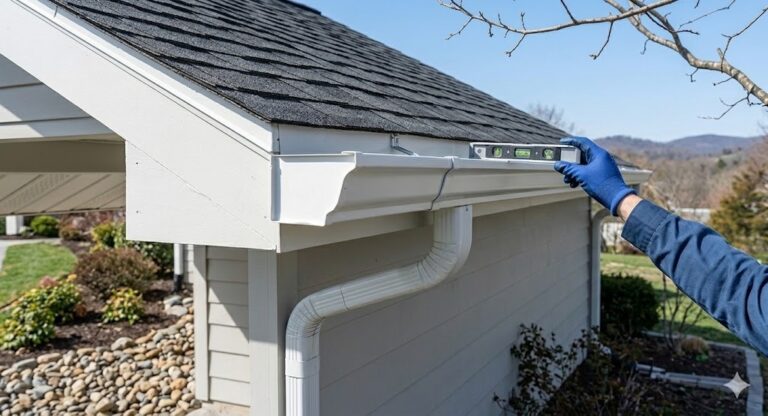 A realistic photograph showing a technician's hand, wearing a blue work glove, holding a spirit level against the top edge of a newly installed, white seamless gutter. This visual demonstrates the precise leveling crucial for correct pitch and water flow, ensuring comprehensive roofline protection after repair.