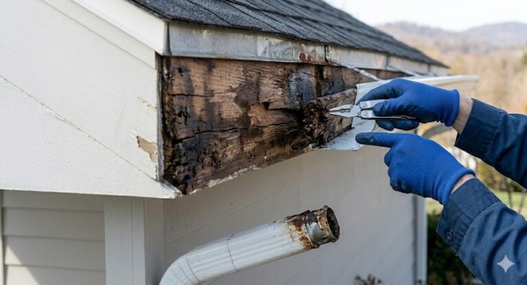 A realistic image of a professional technician in blue work gloves using a multi-tool to examine crumbling, rotted wood on a fascia board that was hidden behind an old gutter. This visual emphasizes the importance of discovering and addressing structural damage to ensure the long-term integrity of the roofline.