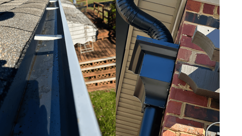 Two views of a finished gutter run: along the trough from the roof edge, and the downspout outlet and extension where it discharges past the brick