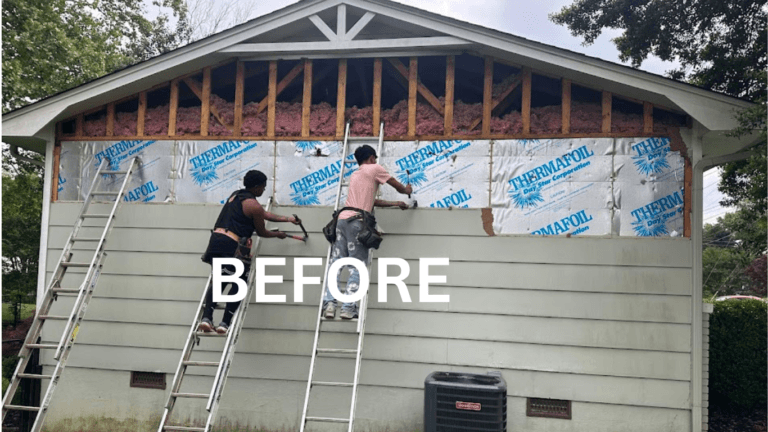 Old grey lap siding with moisture damage before Hardie replacement in Knoxville, TN