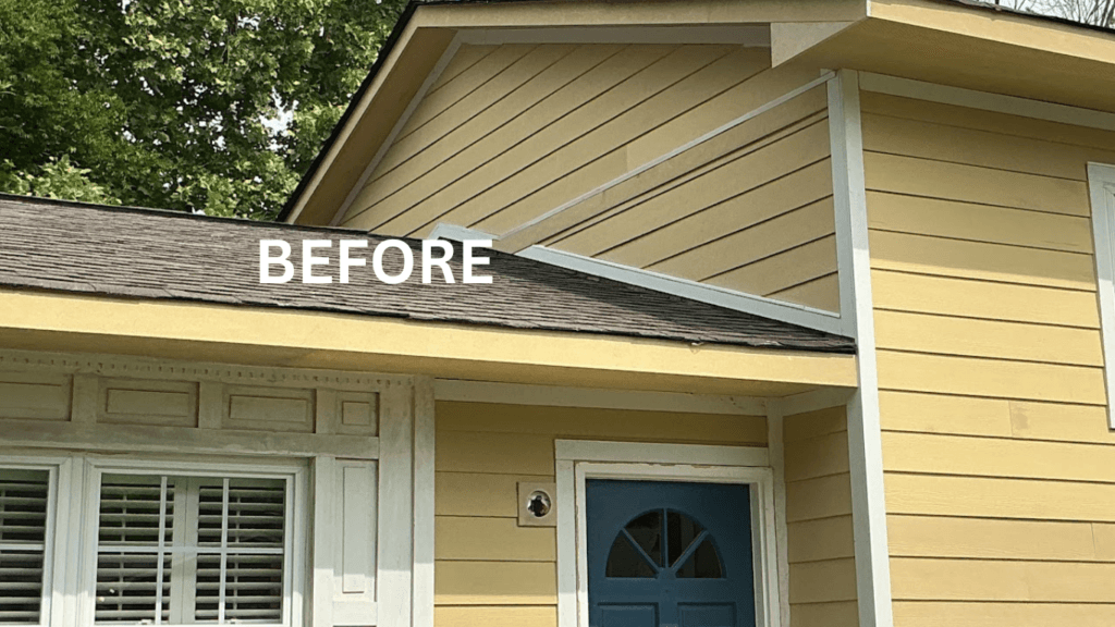 Old yellow siding with weathered trim before Hardie replacement in Knoxville, TN