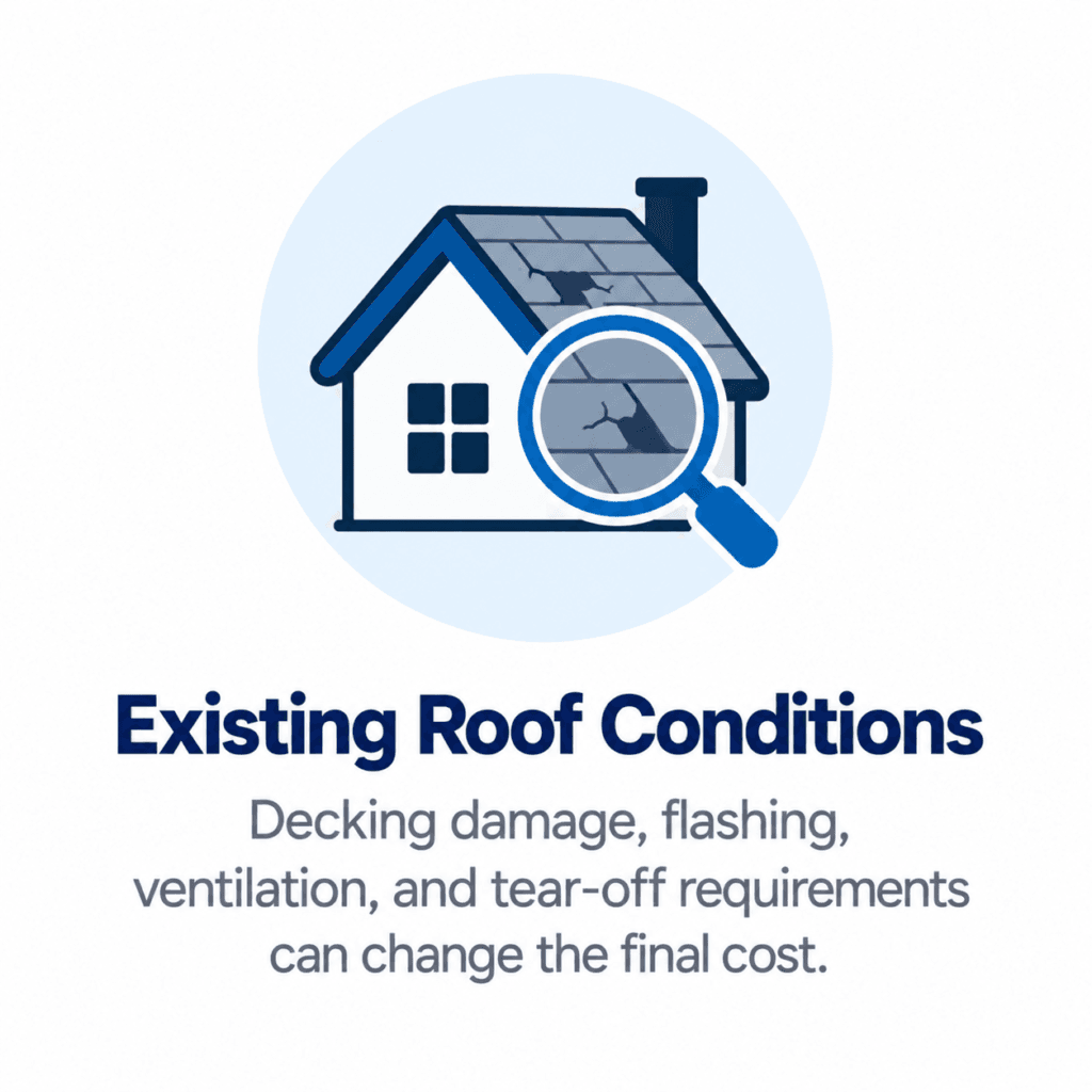 Roof inspection icon showing existing roof damage and conditions that affect cost