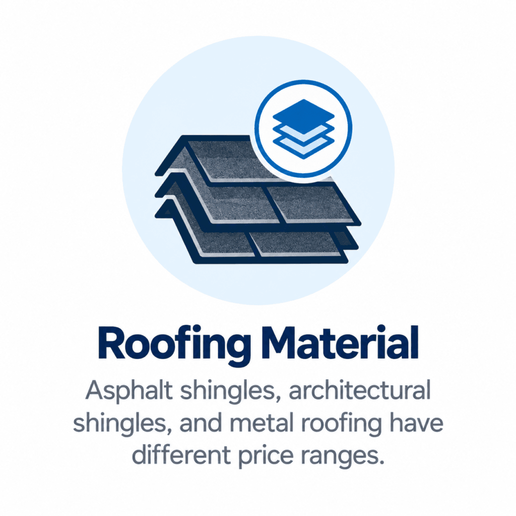 Roofing material icon showing asphalt shingles and material cost differences