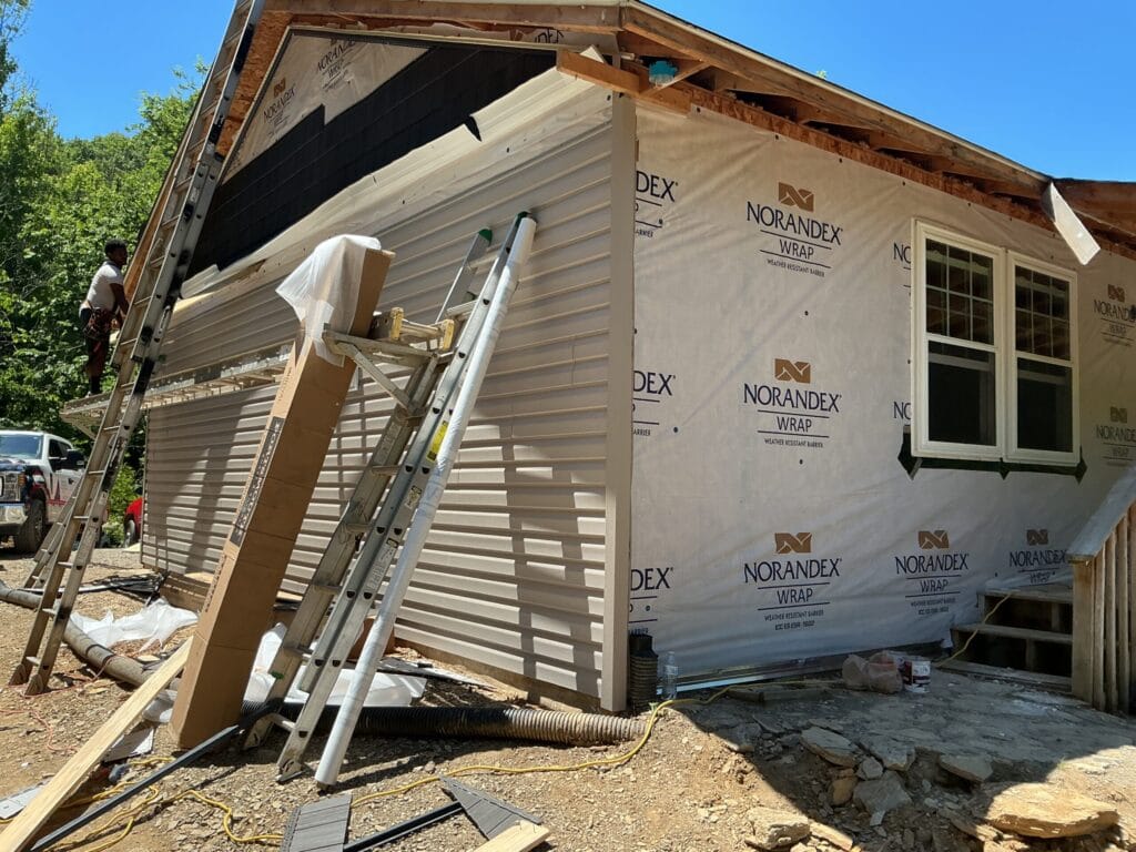 Exterior remodel under way on a home near Morristown, TN